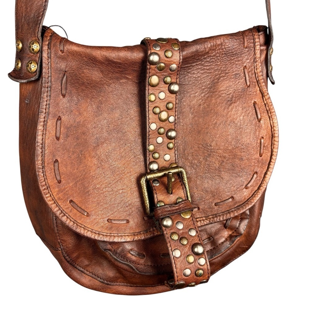 Patricia Nash Genuine Leather Designer Satchel Handbag Brown Studded Buckle